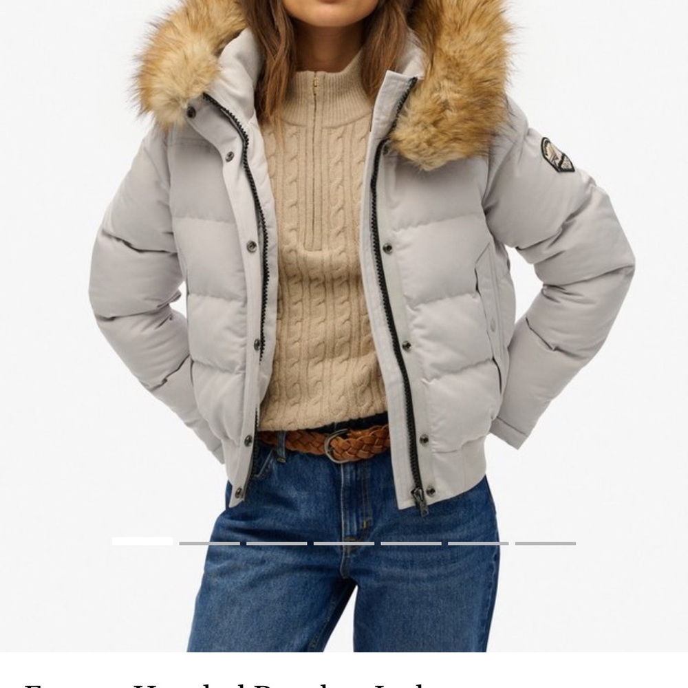 Superdry Gray Puffer Jacket with Faux Fur Hood